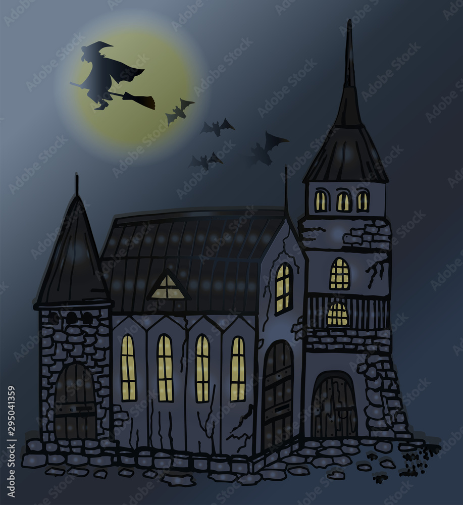 vector holiday plot halloween witch flying on a broomstick from an old castle bats scary night big moon evening magic