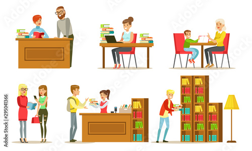 People in Library Set, Visitors and Students Reading Books, Studying and Preparing for Examination Vector Illustration