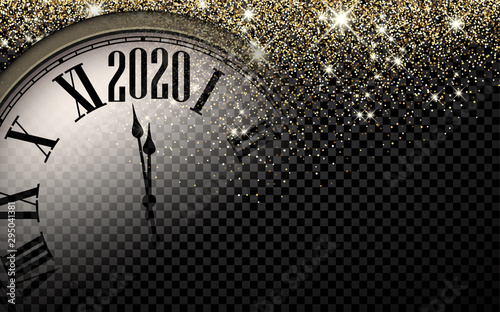 Gold shiny 2020 New Year background with clock.