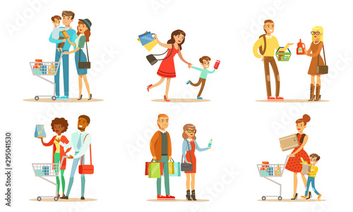 People Carrying Shopping Bags and Pushing Carts with Purchases Set, Families Buying Groceries and Taking Part in Seasonal Sale at Store Vector Illustration