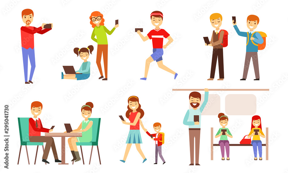 People Looking in Gadgets Screen Set, Smiling Men, Women and Kids Using Hi Tech Technologies, Smartphones, Pad, Laptop Vector Illustration