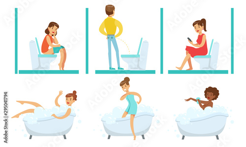 People in Bathroom Set, Young Men and Women Taking Bath in Bathtub and Using Toilet Bowls Vector Illustration