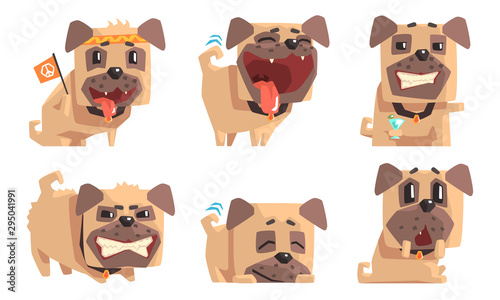 Cute Pug Dog with Various Emotions Set, Funny Animal Cartoon Character in Different Situations Vector Illustration