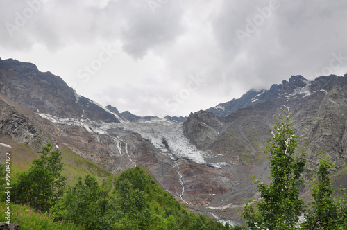 View of the Skazka Glacier, which is located in the Tsey gorge in the North Caucasus.North Ossetia Alania, Russia.