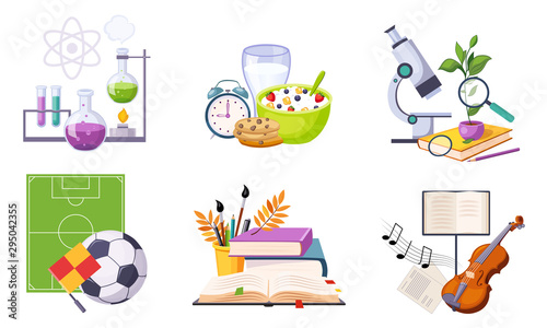 Back to School Elements Set, Education, School Lesson Icons, Different Supplies and Stationeries Vector Illustration