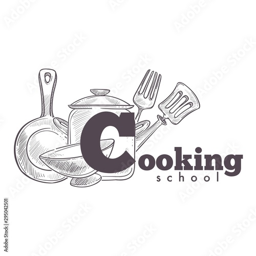 Cooking school vintage hand drawn sketch logo with utensil