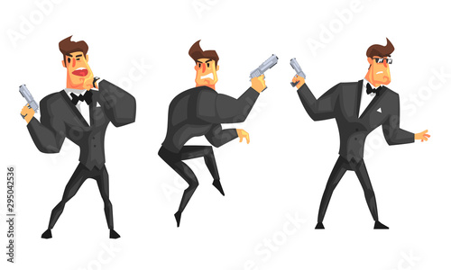 Spy Man in Black Leather Clothes with Gun Set, Secret Agent in Different Actions Vector Illustration