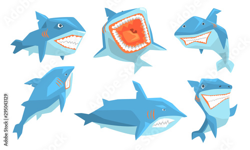 Blue Shark in Different Poses Set  Ocean Scary Animal Character  Underwater Marine Predator Vector Illustration