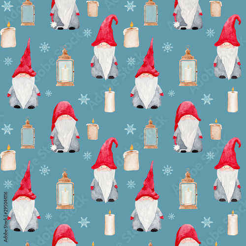 Watercolor Christmas seamless pattern with Scandinavian gnomes,lanterns, candles and snowflakes isolated on blue background. Festive endless tile for wrapping paper, textile and prints. © OleniaArtShop