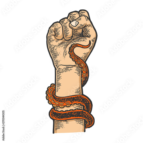 Octopus tentacle wrapped around human arm sketch engraving vector illustration. T-shirt apparel print design. Scratch board style imitation. Black and white hand drawn image.