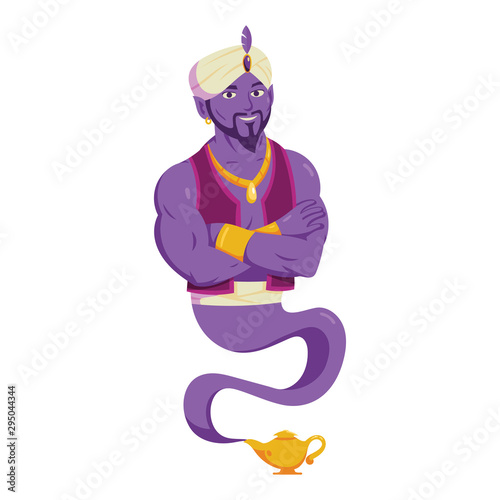 purple genie is folding her arms after coming out of the small teapot