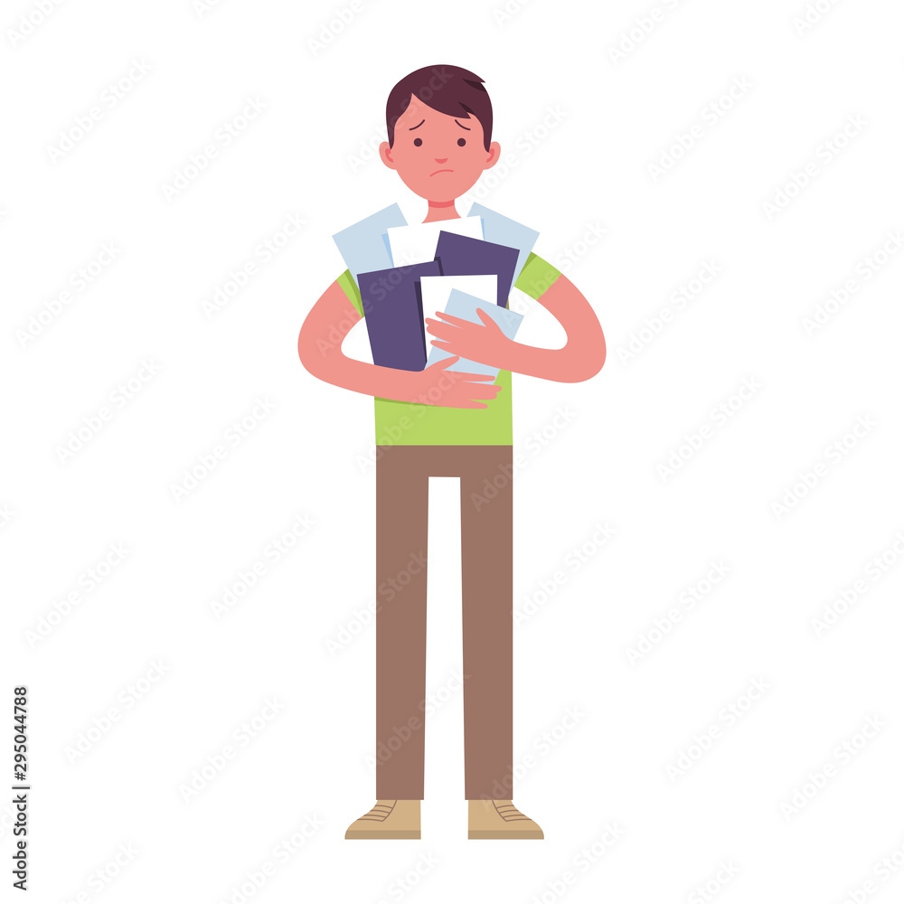 businessman holds a lot of paper work with a sad face because of overwork businessman holds a lot of paper work with a sad face because of overwork
