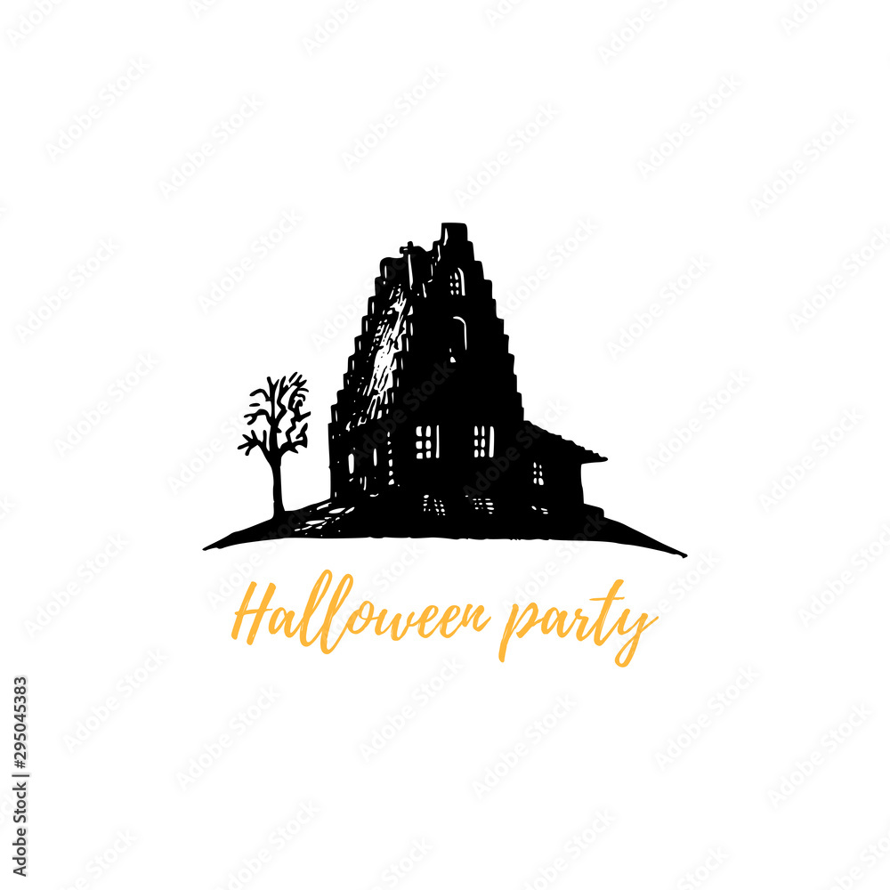 Halloween Party, hand lettering. Vector illustration of sinister house. Design concept for party invitation, poster.