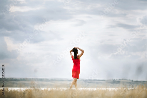 Back view of a girl dressed in a red dress, which is standing on the grass and looking on the beautiful lanscape
