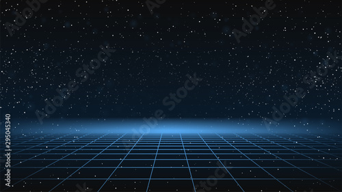 Synthwave background. Dark Retro Futuristic backdrop with blue perspective grid and sky full of stars. Horizon glow. Abstract Retrowave template. 80s Vaporwave style. Stock vector illustration photo