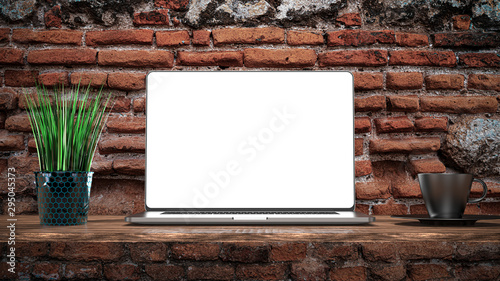 Laptop template isolated on brick background. Mockup.