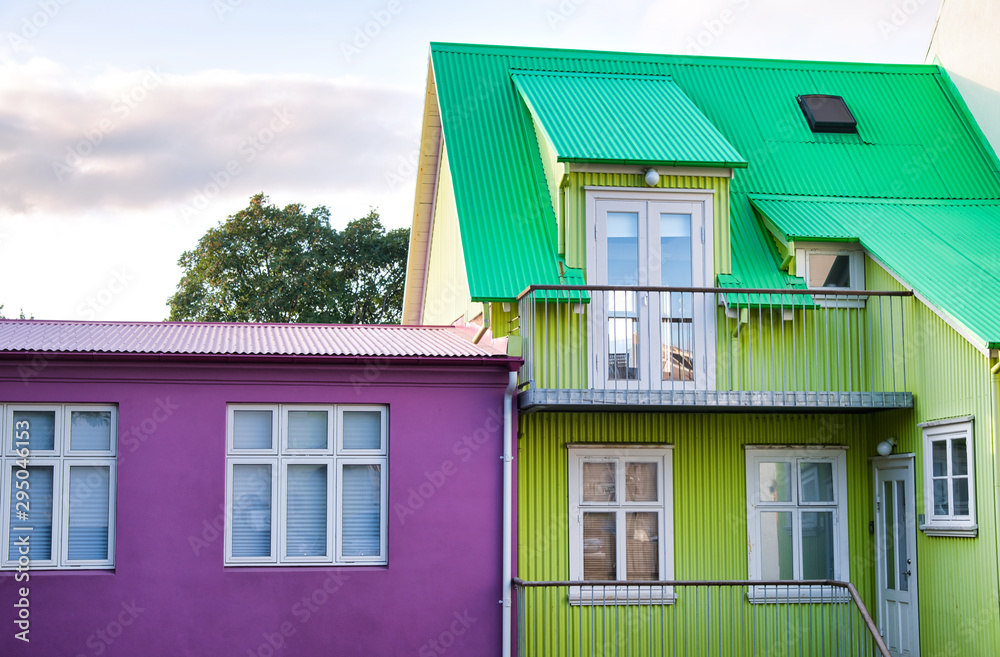 Beautiful colors of Reykjavik homes. Purple and green colors