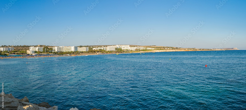 Coastline and beach of Ayia NAPA, Cyprus. Panorama of beaches view from the water.