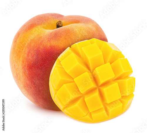 Composite image with whole and sliced exotic fruits - peach and mango isolated on white background. As design element.