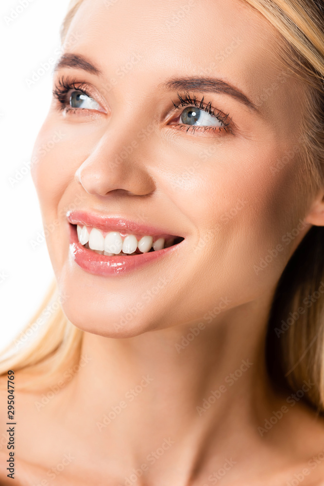 naked smiling blonde woman with white teeth looking away isolated on white naked smiling blonde woman with white teeth looking away isolated on white