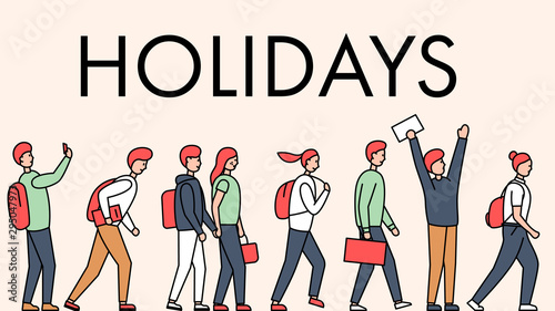 Vector illustration of a group of people joyfully going on vacation. With a text placeholder