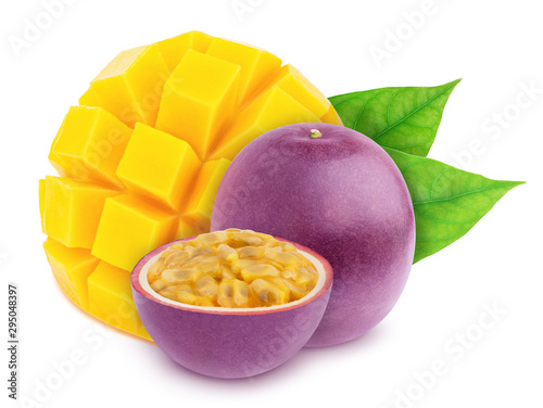 Multi-colored exotic composition with fruit mix of passion fruit and mango, isolated on a white background with clipping path.
