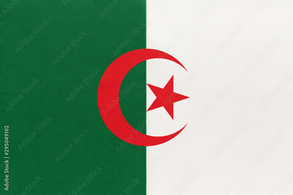 Algeria national fabric flag textile background. Symbol of international world North African country. Algeria national fabric flag textile background. Symbol of international world North African country.