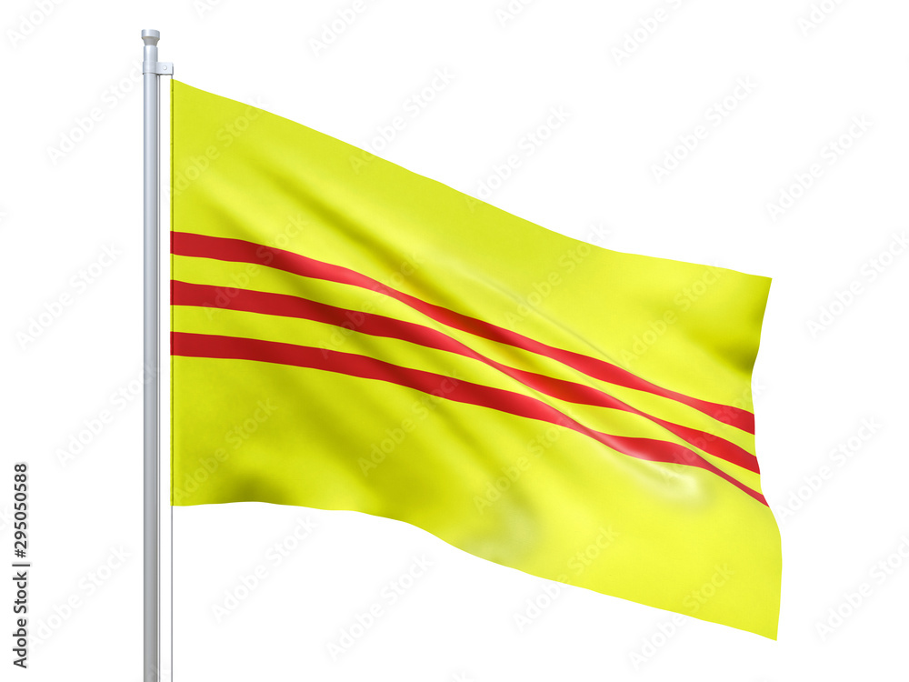 South Vietnam flag waving on white background, close up, isolated. 3D render - obrazy, fototapety, plakaty 