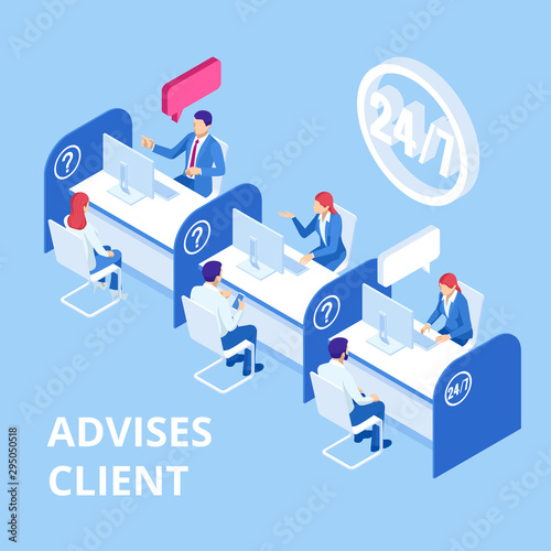 Isometric customer service and advising clients concept. Consultant in corporate outfit sitting at table with computer and talking to customer while presenting service products