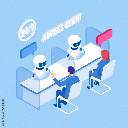 Isometric Robots answer people's questions. Customer service and assistance. Artificial intelligence. AI and business IOT concept.