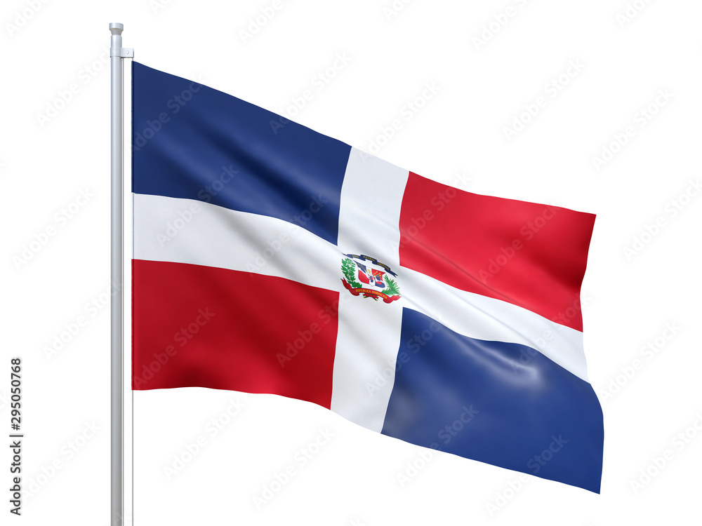 Naklejka premium Dominican Republic flag waving on white background, close up, isolated. 3D render