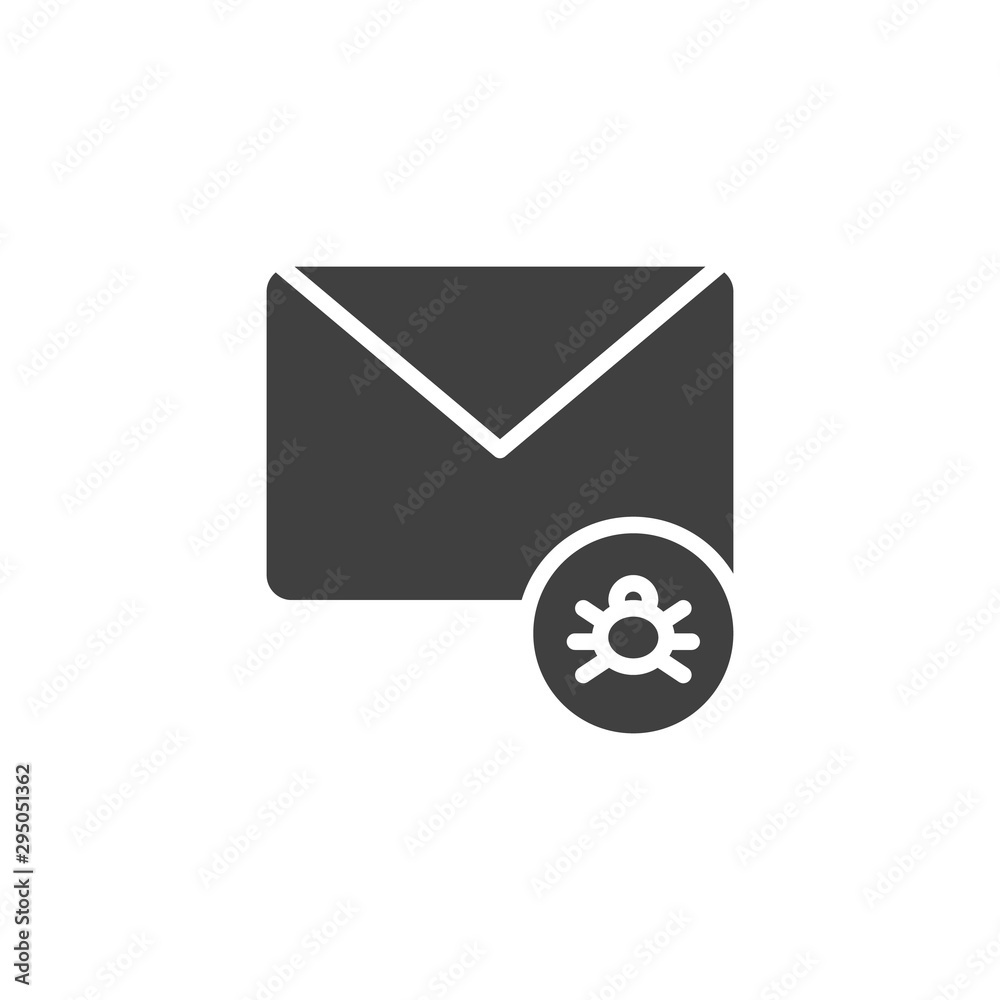 Spam mail vector icon. Envelope with malware bug filled flat sign for mobile concept and web design. Virus email glyph icon. Symbol, logo illustration. Vector graphics Spam mail vector icon. Envelope with malware bug filled flat sign for mobile concept and web design. Virus email glyph icon. Symbol, logo illustration. Vector graphics