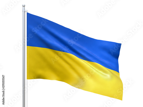 Ukraine flag waving on white background, close up, isolated. 3D render