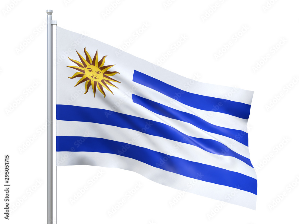 Fototapeta premium Uruguay flag waving on white background, close up, isolated. 3D render