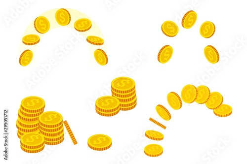 Isometric set of Gold Coins isolated on white background. Gold money.