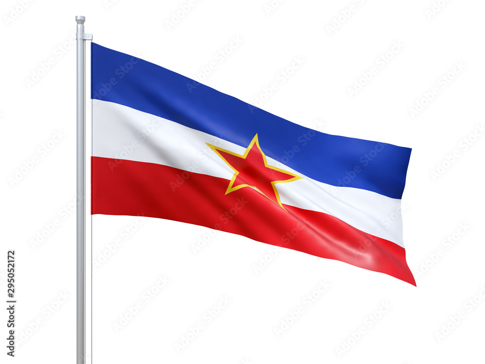 Yugoslavia (1946-1992) flag waving on white background, close up, isolated. 3D render Yugoslavia (1946-1992) flag waving on white background, close up, isolated. 3D render