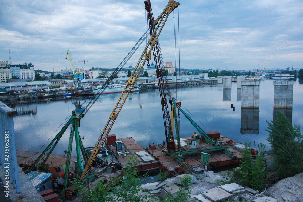 Kiev city landscape. View from the bridge on the Dnieper River, Kiev, Ukraine.