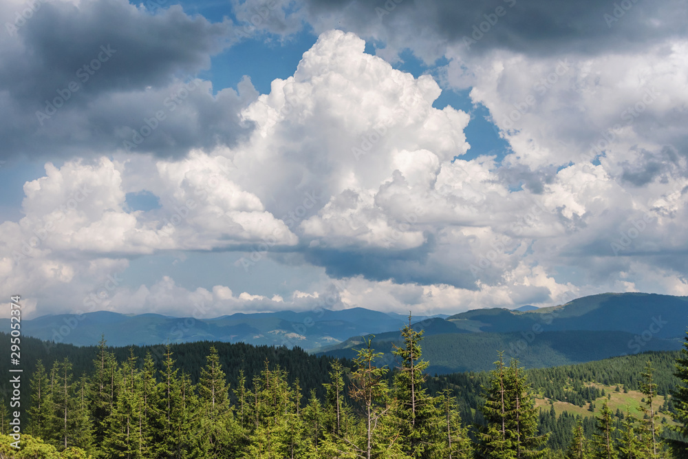 Summer landscape in the Carpathian mountains. View from the mountain peak Hoverla. Ukrainian mountain Carpathian Hoverla, view from the top. Summer landscape in the Carpathian mountains. View from the mountain peak Hoverla. Ukrainian mountain Carpathian Hoverla, view from the top.