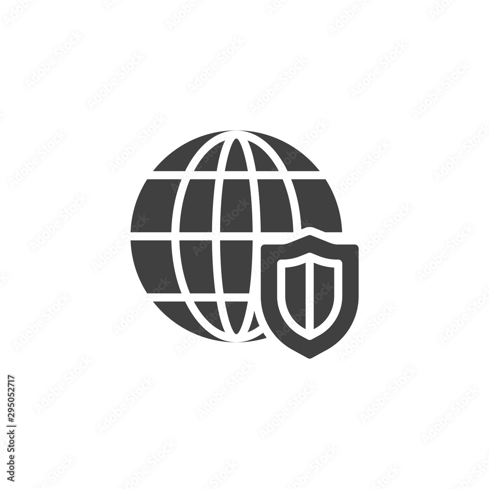 Data security vector icon. filled flat sign for mobile concept and web design. Globe with security shield glyph icon. Symbol, logo illustration. Vector graphics Data security vector icon. filled flat sign for mobile concept and web design. Globe with security shield glyph icon. Symbol, logo illustration. Vector graphics