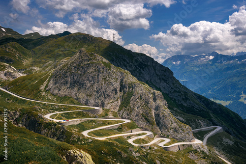 Aerial view of an old road going through the St. Gotthard pass in the Swiss Alps photo