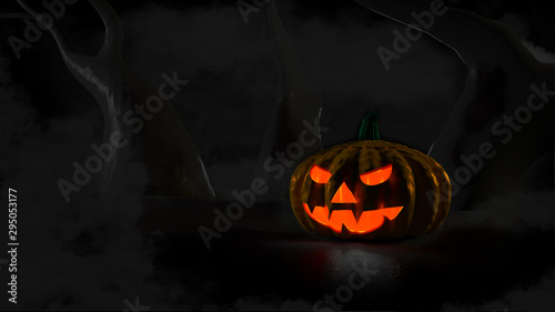 3D illustration, 3D rendering, Devil Pumpkin in the Dark Forest