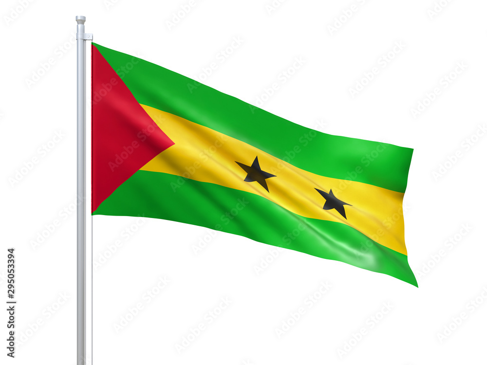 Sao Tome and Principe flag waving on white background, close up, isolated. 3D render Sao Tome and Principe flag waving on white background, close up, isolated. 3D render
