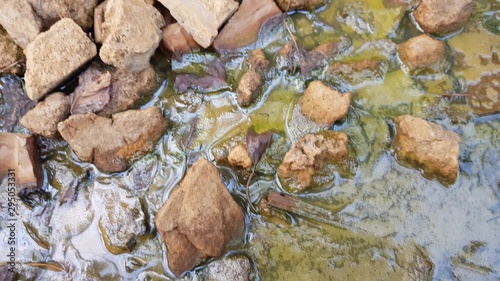 environmental pollution, dirty water in a silt with stones and rubbish.