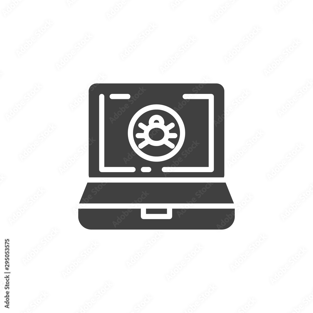 Computer virus vector icon. filled flat sign for mobile concept and web design. Infected laptop with virus bug glyph icon. Symbol, logo illustration. Vector graphics Computer virus vector icon. filled flat sign for mobile concept and web design. Infected laptop with virus bug glyph icon. Symbol, logo illustration. Vector graphics