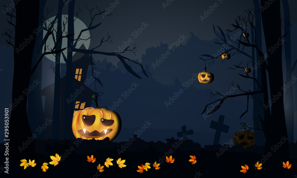 Fototapeta premium Halloween scary night background with dark house, pumpkins, flying bats and big moon. 
