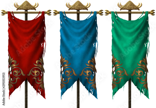 Set of three ancient medieval banners isolated on white background photo