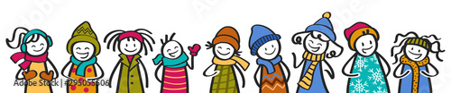 Children, banner, stick figures in winter clothing talking and smiling