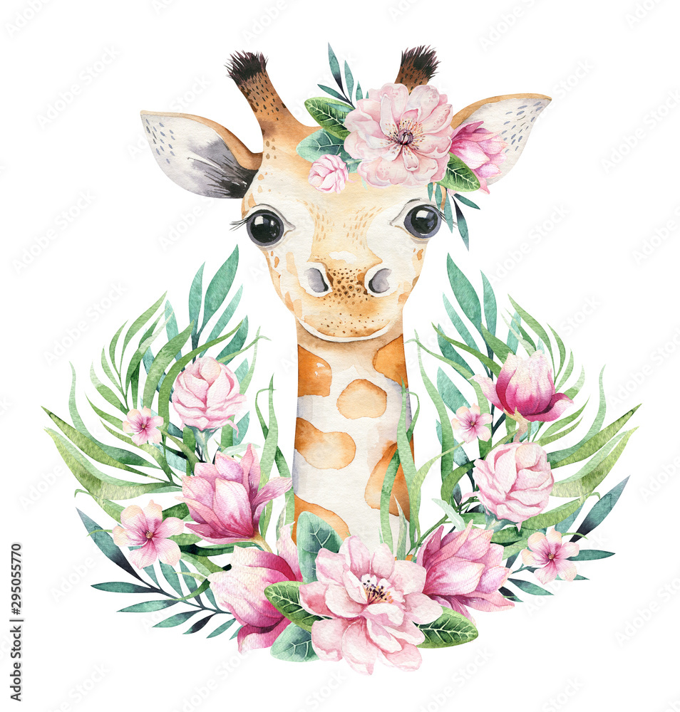 Obraz Plakat z małą żyrafą. Akwareli kreskówki żyrafetropical zwierzęca ilustracja. Egzotyczny letni nadruk w dżungli.