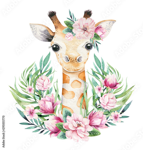 Obraz na płótnie Plakat z małą żyrafą. Akwareli kreskówki żyrafetropical zwierzęca ilustracja. Egzotyczny letni nadruk w dżungli.