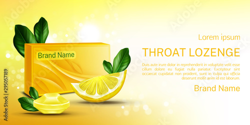 Throat lozenge, lemon cough drops mock up banner. Sore larynx pain remedy package with citrus slices design for medicine promo advertising, flavored medical candies. Realistic 3d vector illustration